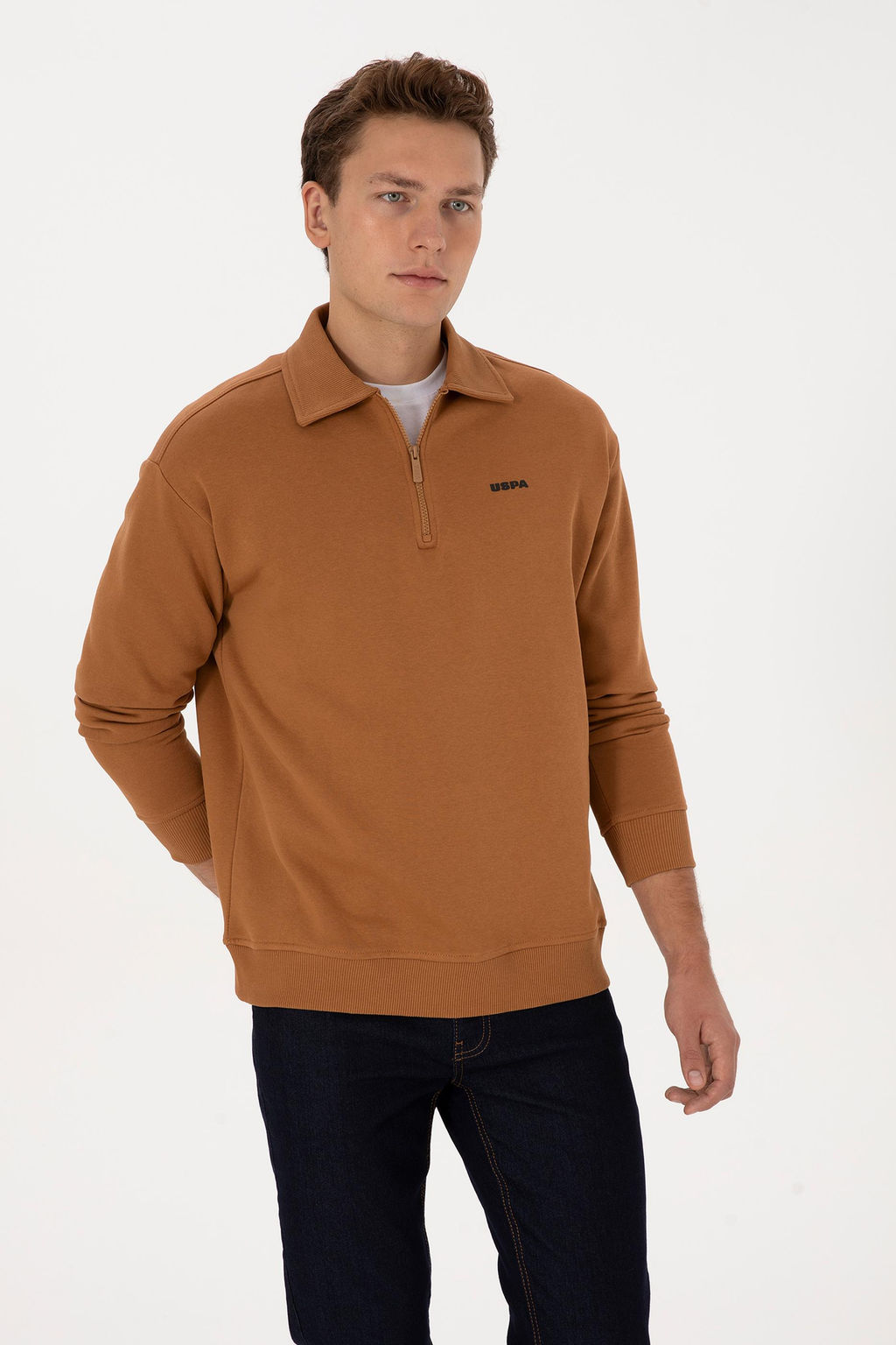 Erkek Regular Fit Yar_m Fermuarl_ Camel Basic Sweatshirt - U.s. polo assn фото 3