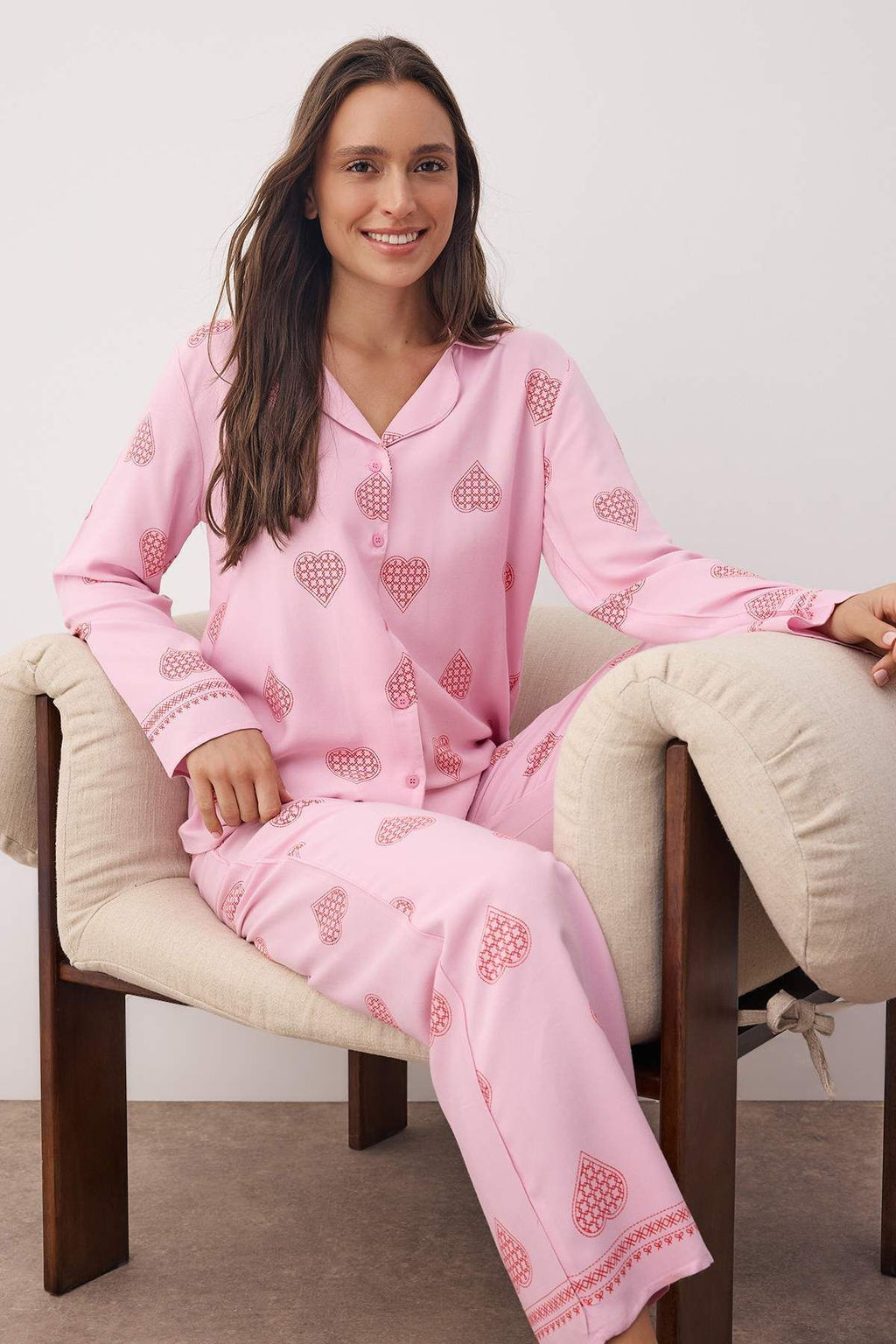 Ekru %100 Pamuklu Kapli Dokuma Pijama Tak?m? THMAW26PT00025