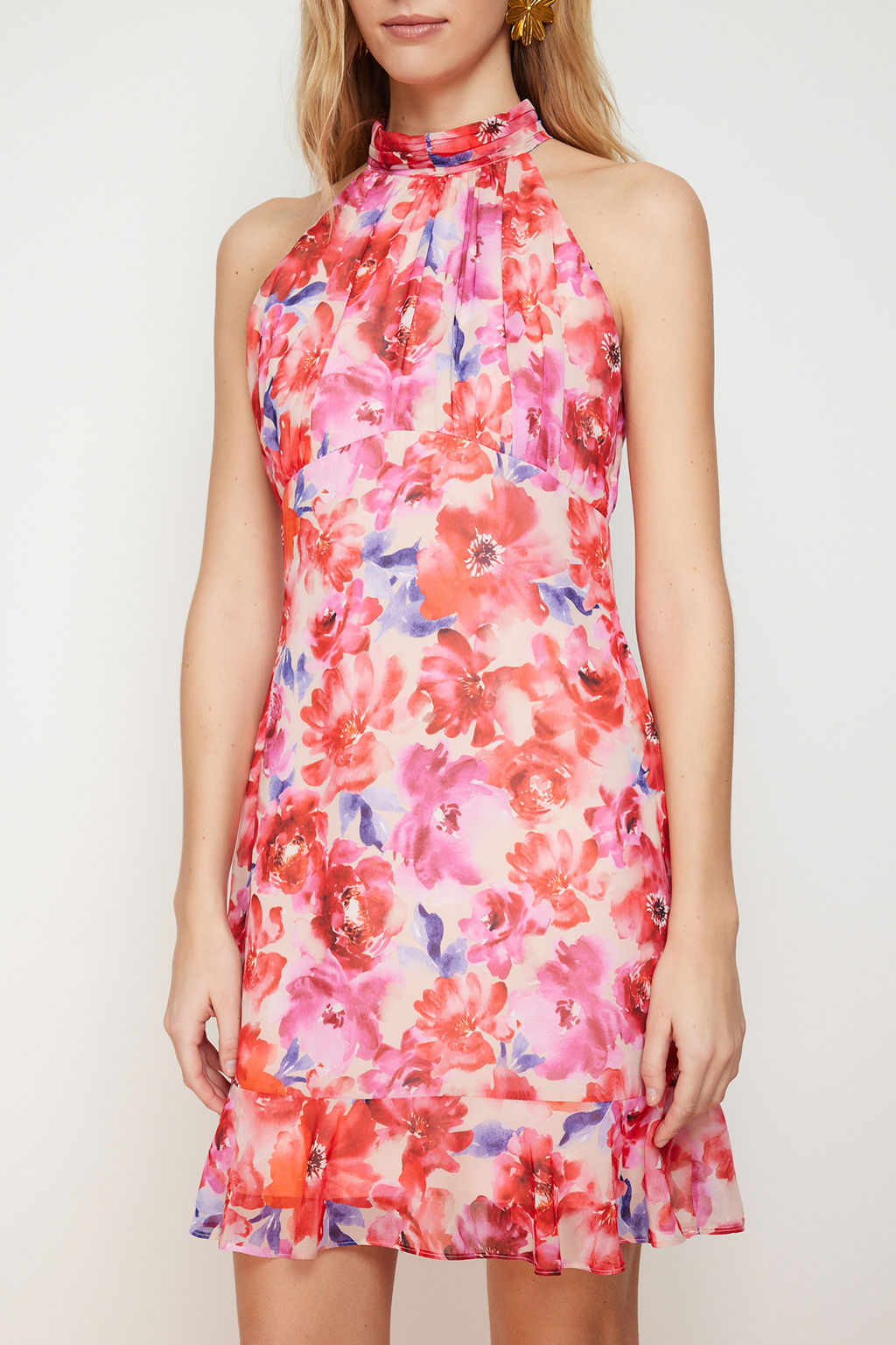 TRENDYOLMILLA Mavi Cicek Desenli Duz Kesim Halter Yaka Mini Astarl? Sifon Dokuma Elbise TWOSS23EL02293  фото 12