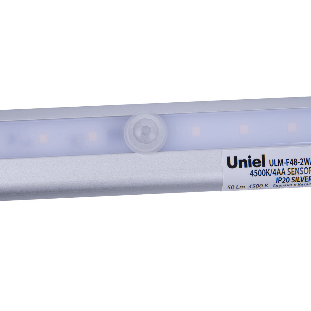 ULM-F48-2W/4500K/4AA SENSOR IP20 SILVER Светильник светодиодный для мебели с датчиком движения. Питание 4АА (не в/к). 188*30*15мм. 50Lm. ТМ Uniel