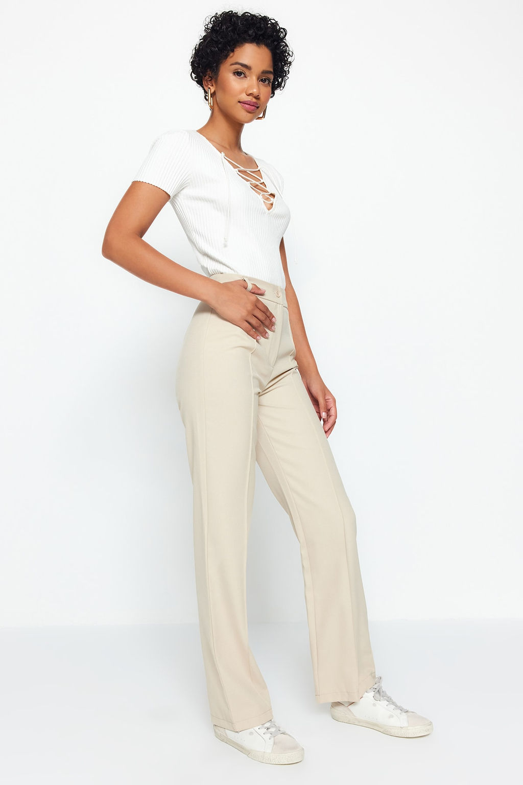 Vizon Straight/Duz Kesim Yuksek Bel Nervur Dikisli Dokuma Pantolon TWOSS21PL0093