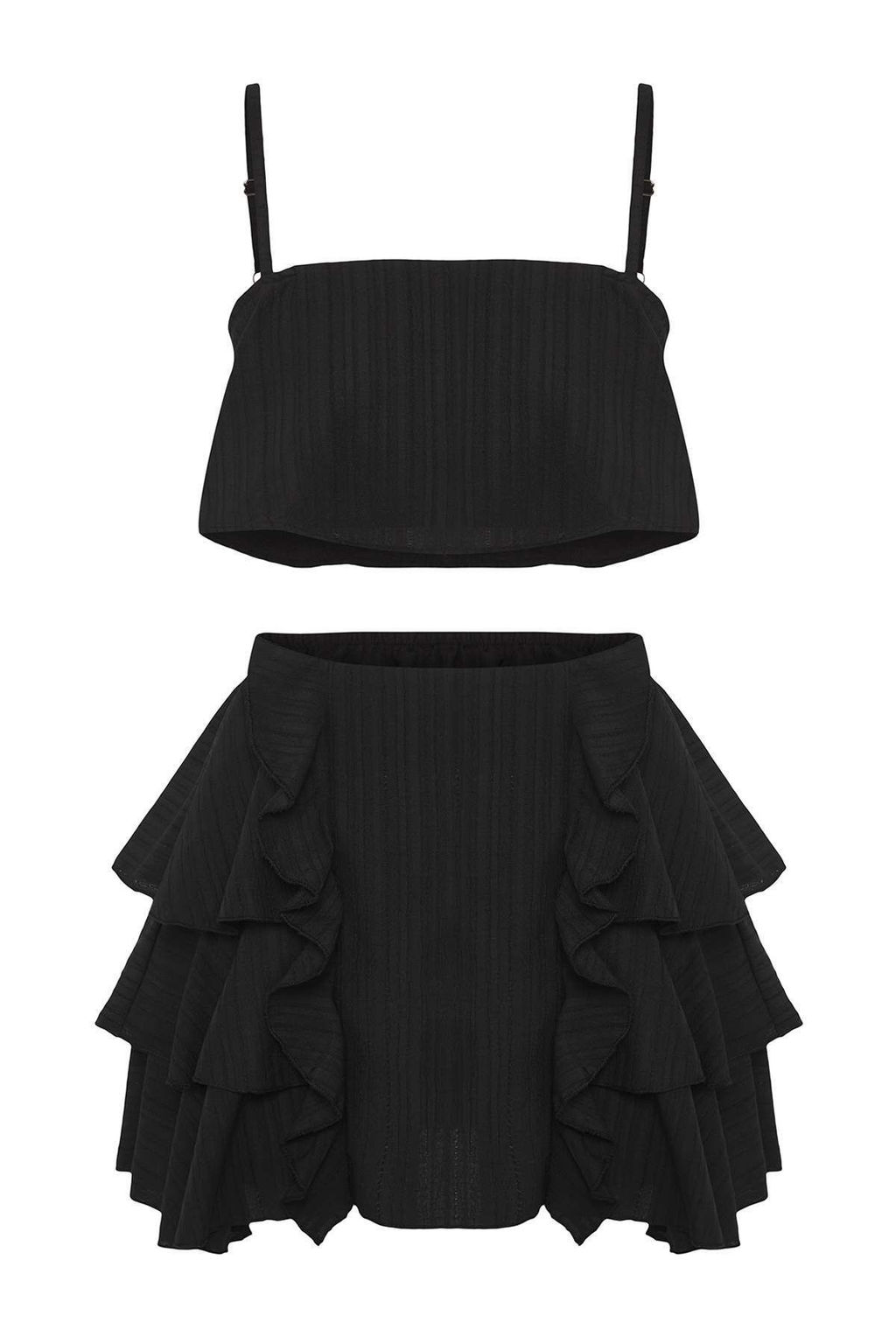 Siyah Dokuma F?rf?rl? %100 Pamuk Plaj Bluz-Etek Tak?m TBESS25AU00106