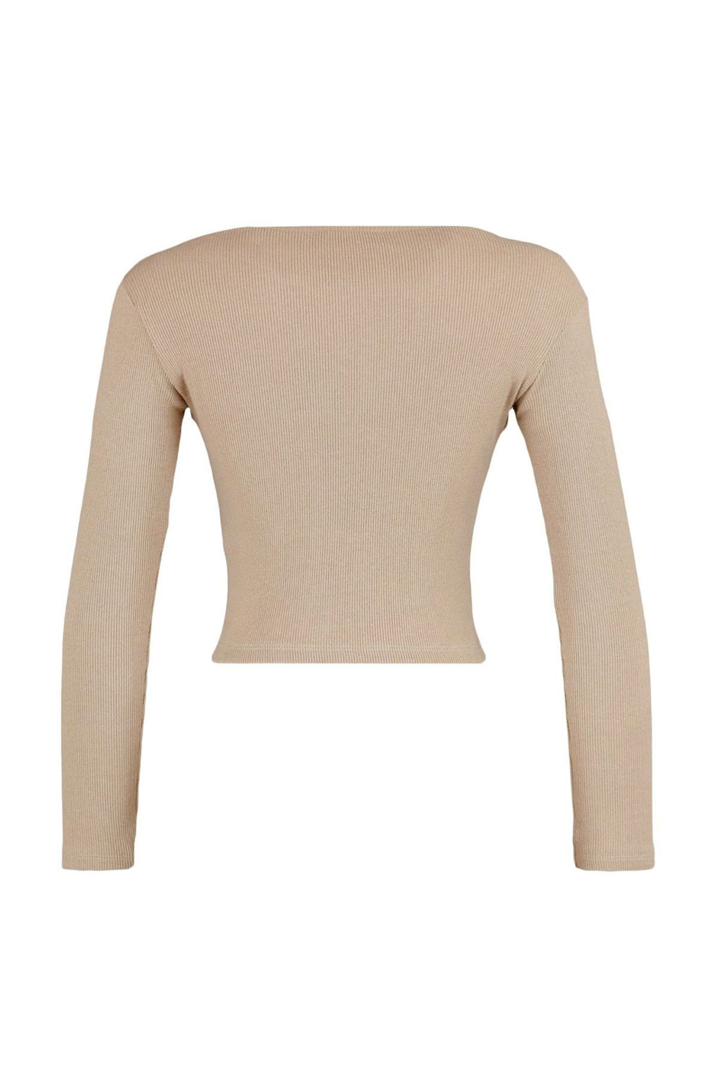 Trendyolmilla Kahverengi-Bej 2li Paket Crop Fitted/Vucuda Oturan V Yaka Fitilli Esnek Orme Bluz TWOAW22BZ0129