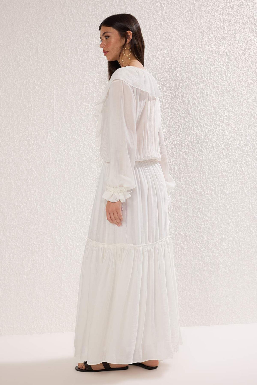 Ekru Beli Lastikli F?rf?rl? Boho Maxi Dokuma Elbise TWOSS25EL00864