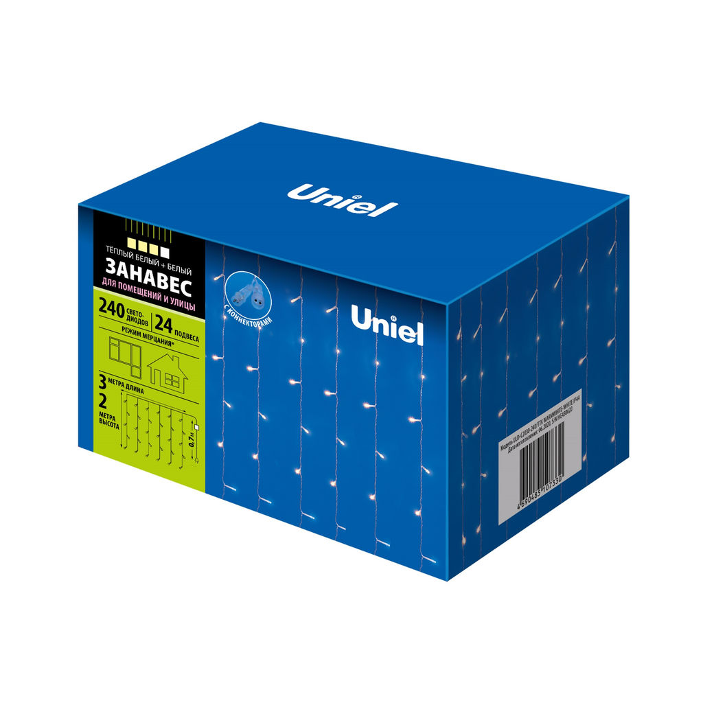 ULD-C2030-240/TTK WARMWHITE-WHITE IP44 Занавес светодиодный с эффектом мерцания, 3х2м. Соединяемый. 240 светодиодов. Теплый белый и белый свет. Провод прозрачный. TM Uniel.