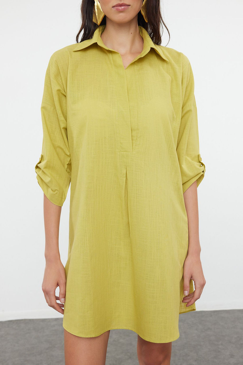 Yag Yesili Dokuma %100 Pamuk Mini Plaj Elbisesi TBESS21EL3979