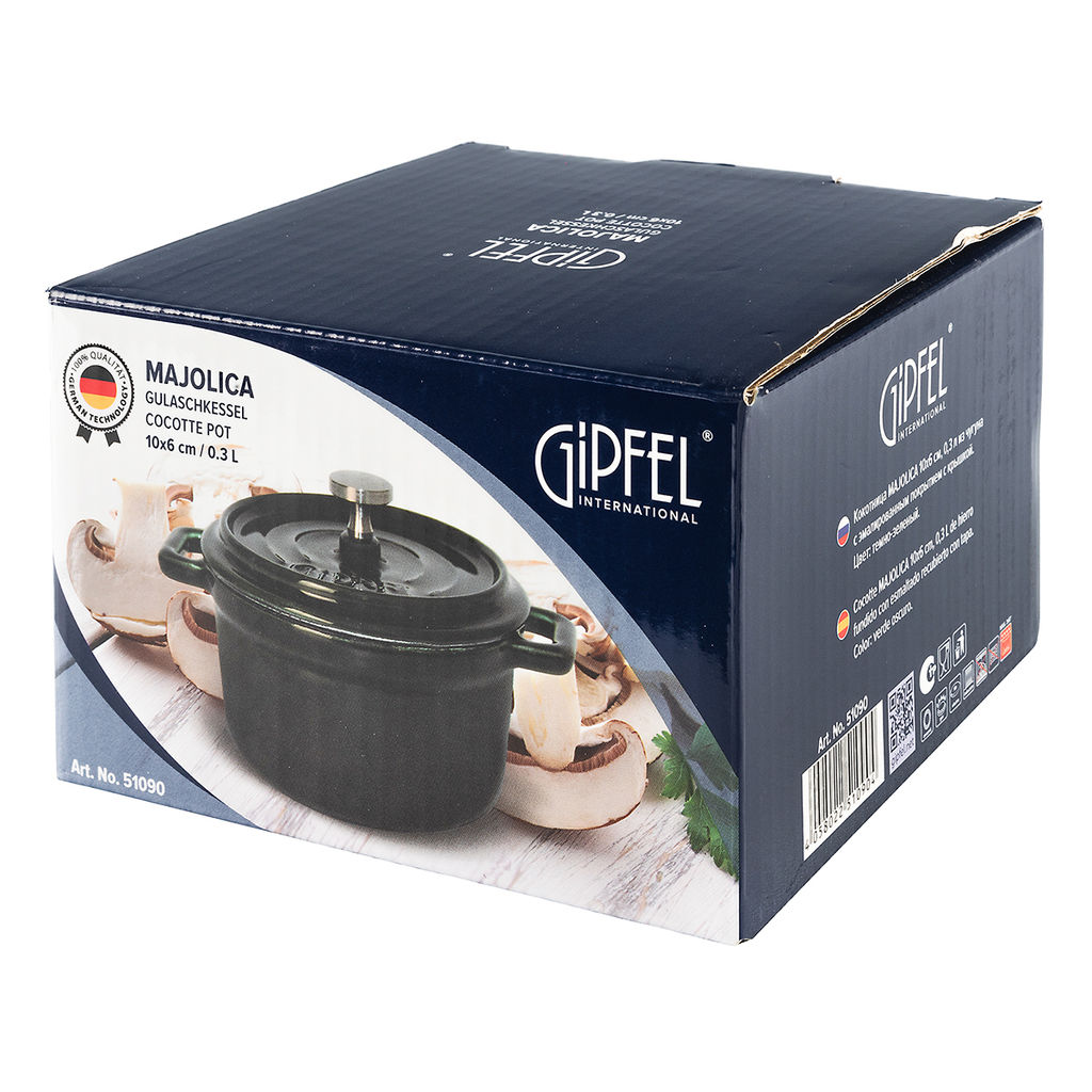 51090 GIPFEL Кокотница MAJOLICA 10х6см, 0.3л из чугуна с эмалированным покрытием с крышкой. Цвет: темно-зеленый.  фото 4