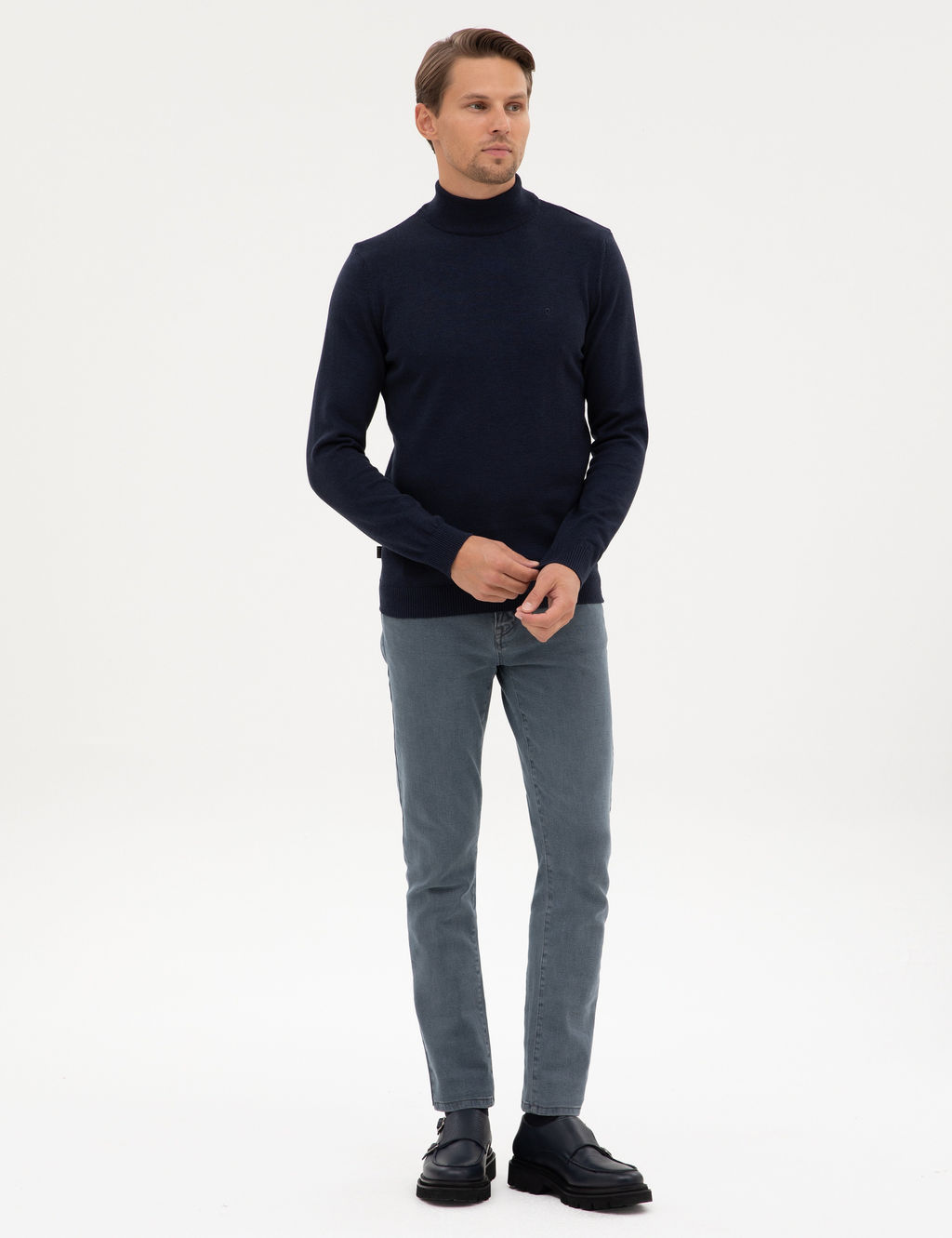 Lacivert Melanj Slim Fit Yar_m Bal_k__ Yaka Basic Triko Kazak