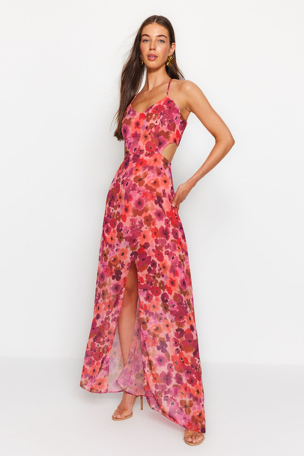 TRENDYOLMILLA Cok Renkli A Kesim Astarl? Pencere/Cut Out Detayl? Cicek Desenli Maxi Dokuma Elbise TWOSS20EL1270  фото 15