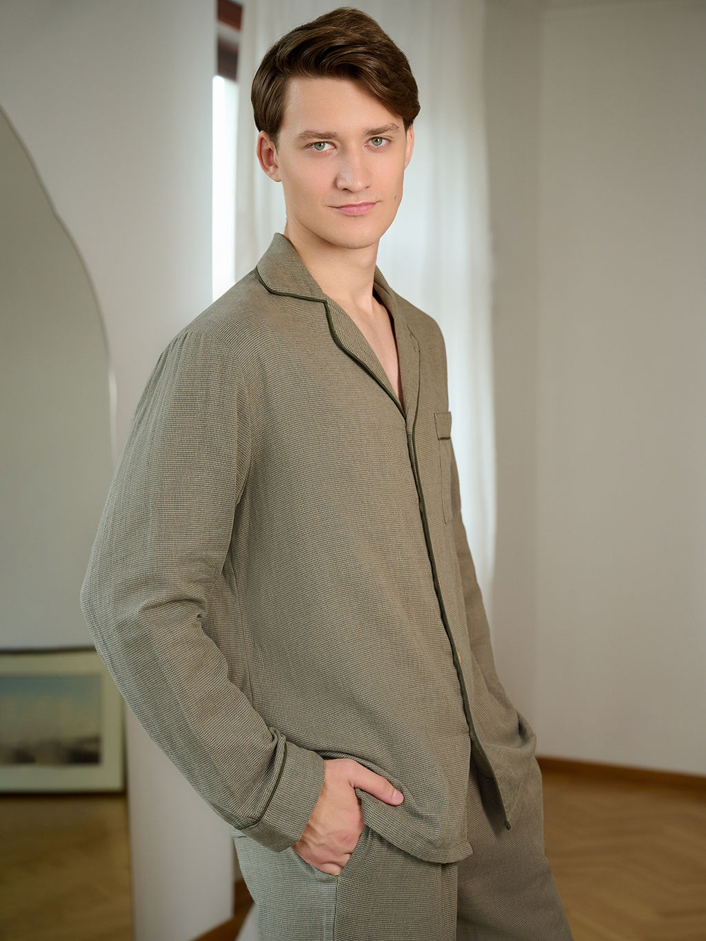 Пижама мужская Indefini из хлопка оливково-зеленый  фото 2