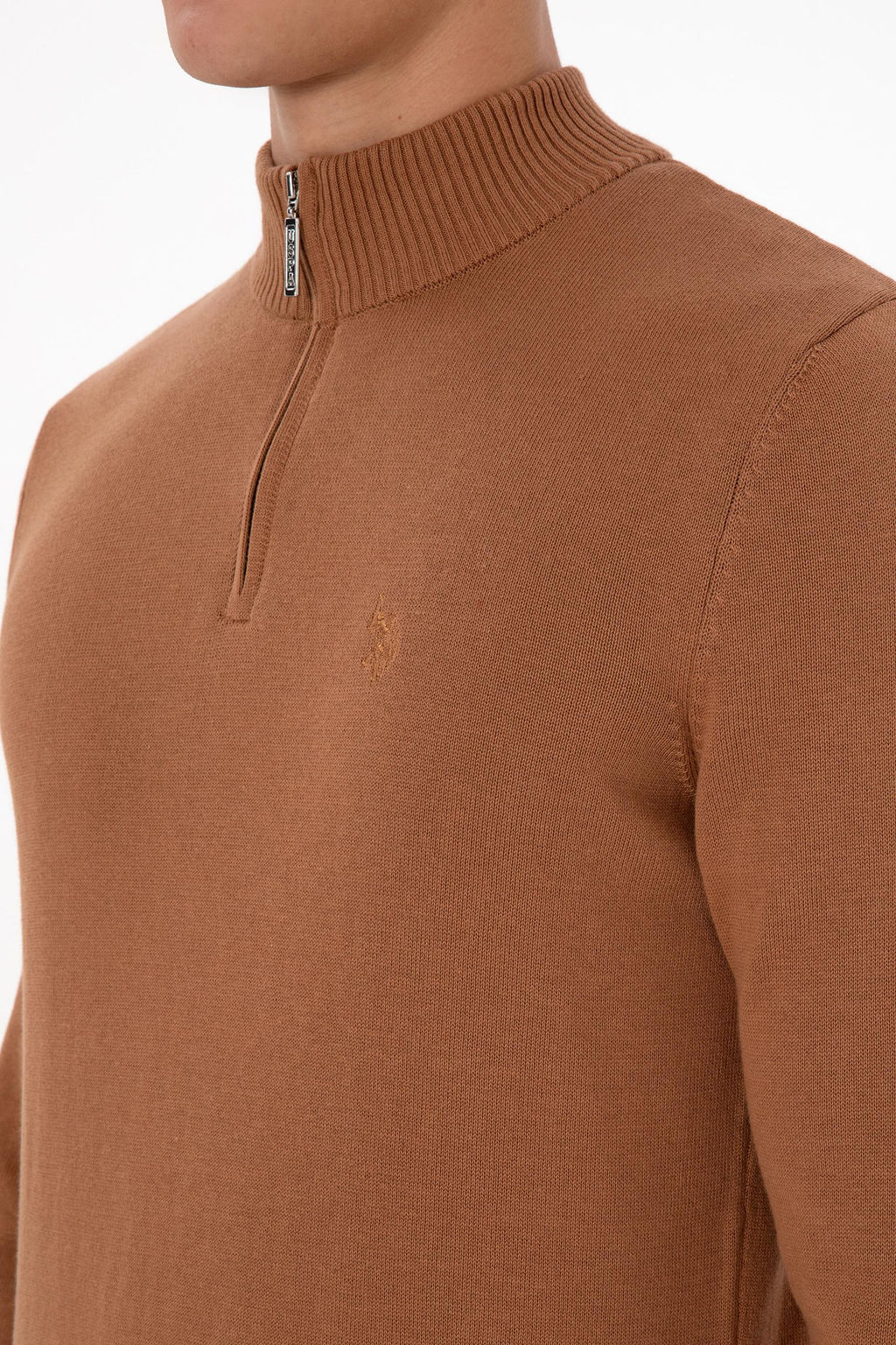 Erkek Slim Fit Yar_m Fermuarl_ Camel Basic Kazak - U.s. polo assn фото 7