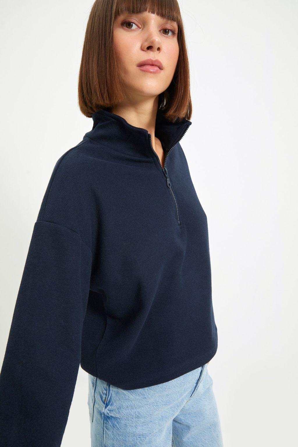 Lacivert Selanik/Triko Gorunumlu Fermuarl? Yaka Regular/Normal Kal?p Orme Sweatshirt TWOAW22SW0732