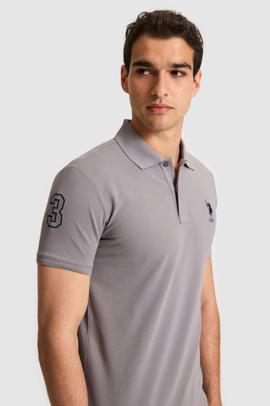 Erkek Slim Fit Polo Yaka Gri Basic Ti__rt