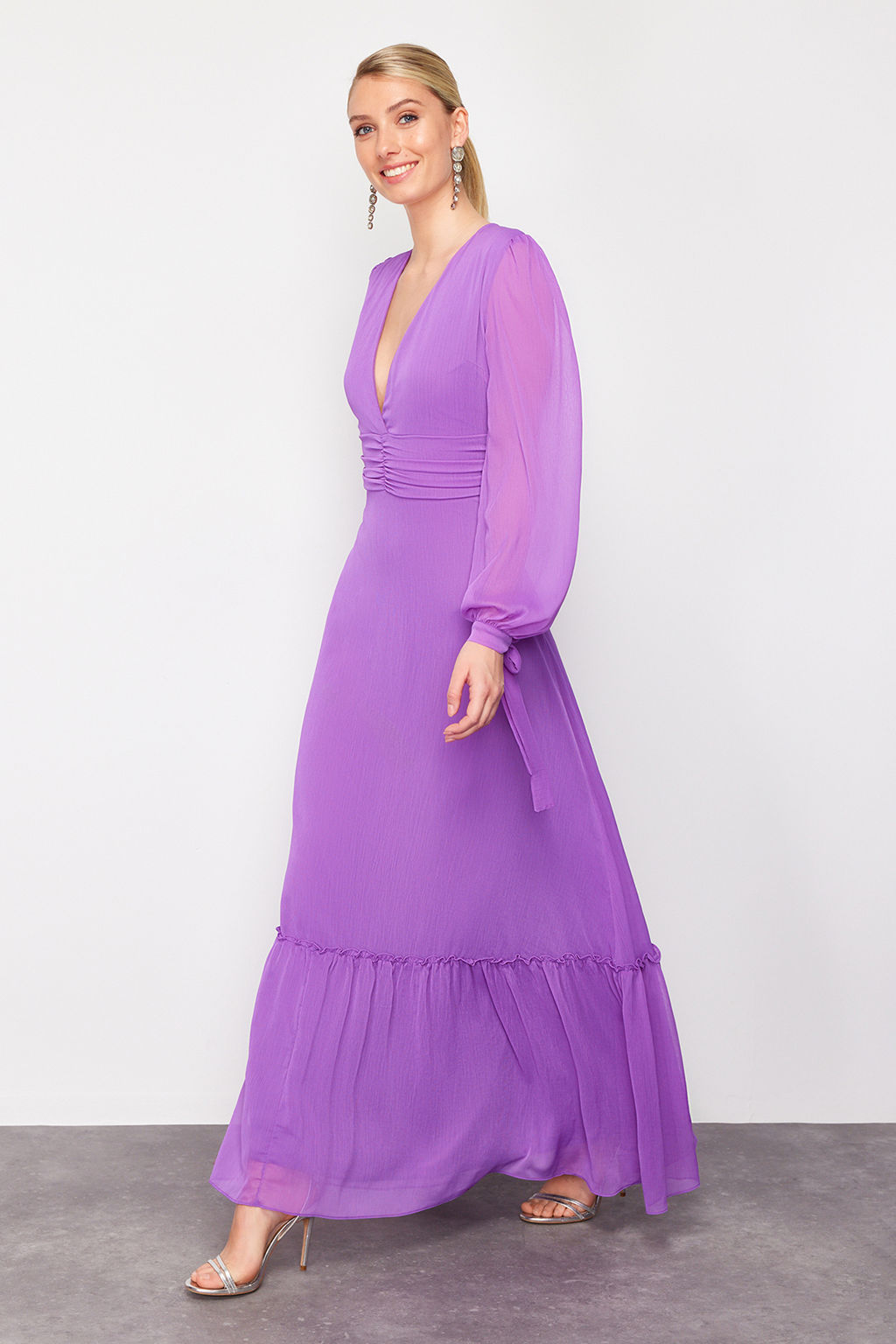 Mor A-Kesim Dokuma Sifon Uzun Gece Abiye Elbise TPRSS24AE00117 - Trendyolmilla фото 3