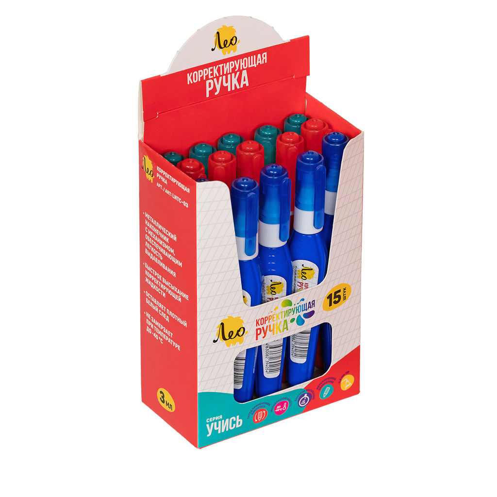 Лео Учись Ручка корректирующая LNTC-03 , металлический наконечник 3 мл 0.8 мм 15 шт. шоу-бокс