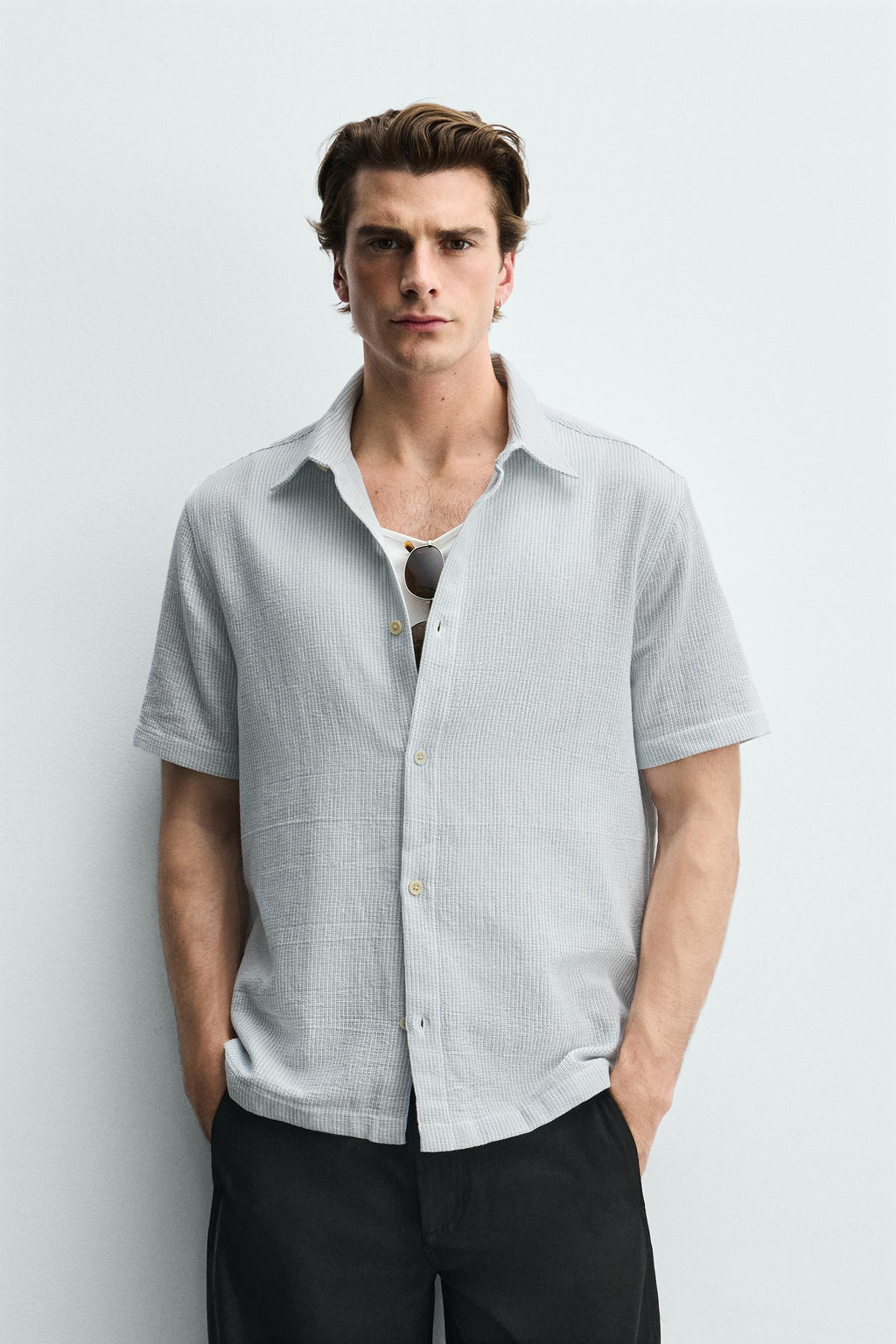 CAMISA REGULAR FIT ESTRUCTURA / Blanco / Celeste - Zara фото 2