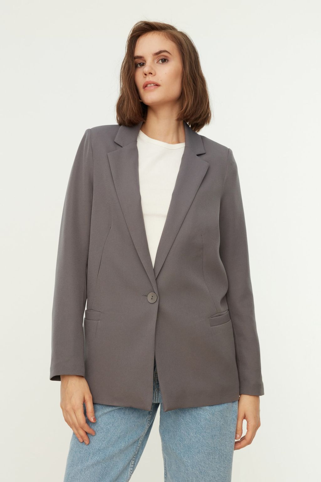 Gri Regular Astar Detayl? Dokuma Blazer Ceket TWOAW20CE0316