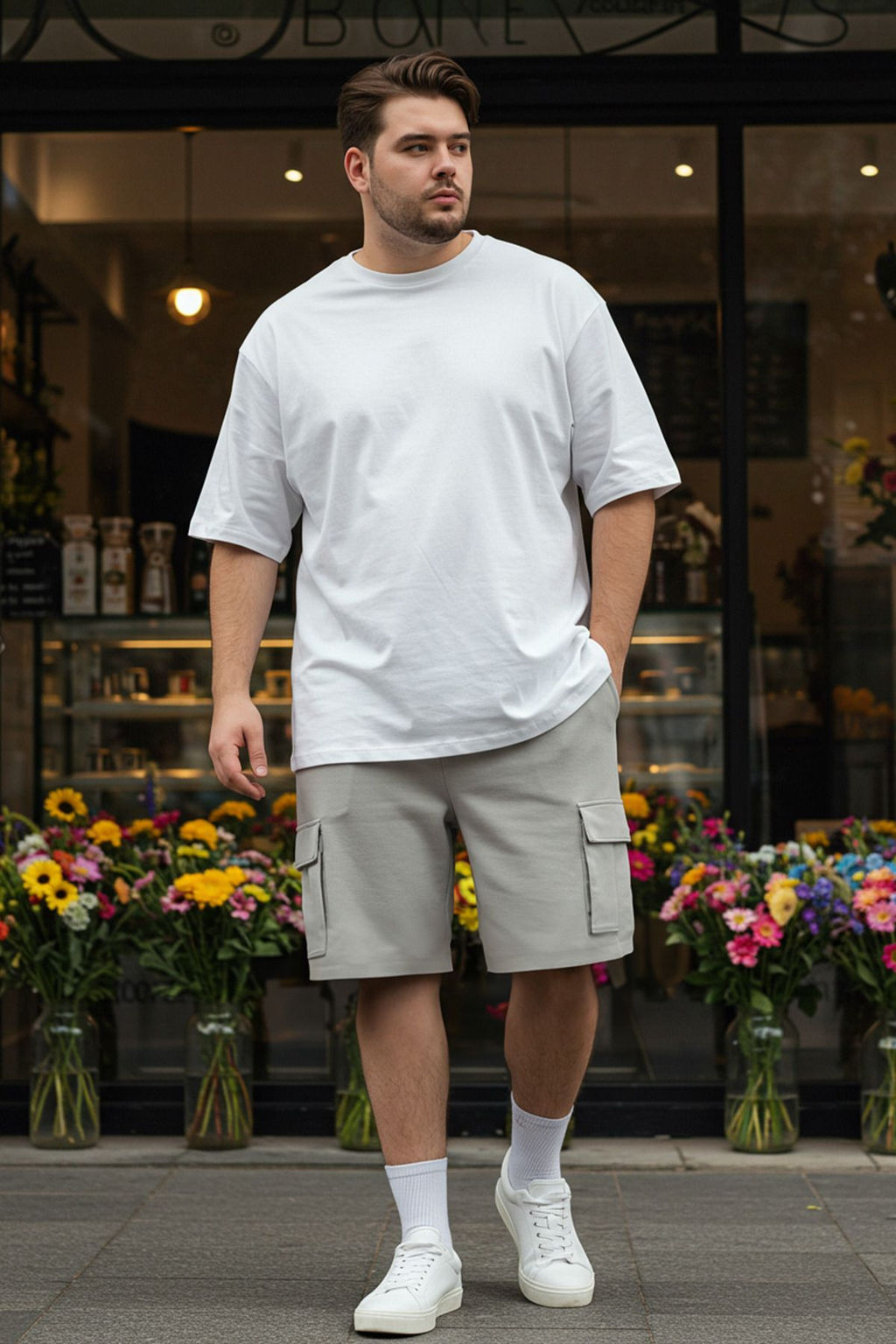 TRENDYOL MAN Buyuk Beden Gri Oversize/Genis Kesim Gizli Kordon Lastik Bel Kargo Cep Etiketli Sort TMNSS25AP00005
