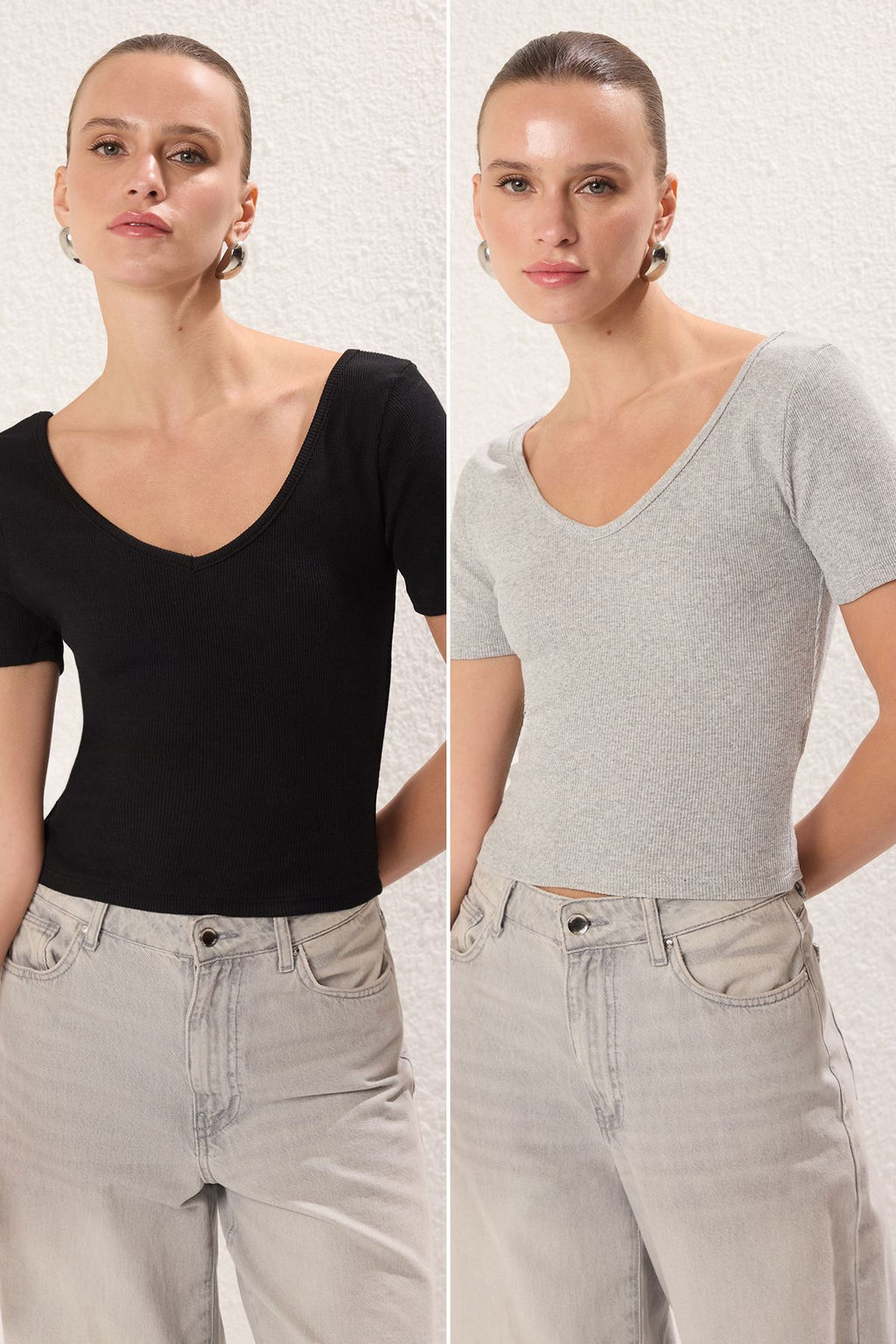 Trendyolmilla Kahverengi-Bej 2li Paket V Yaka K?sa Kol Fitilli Esnek Orme Bluz TWOSS25BZ00288