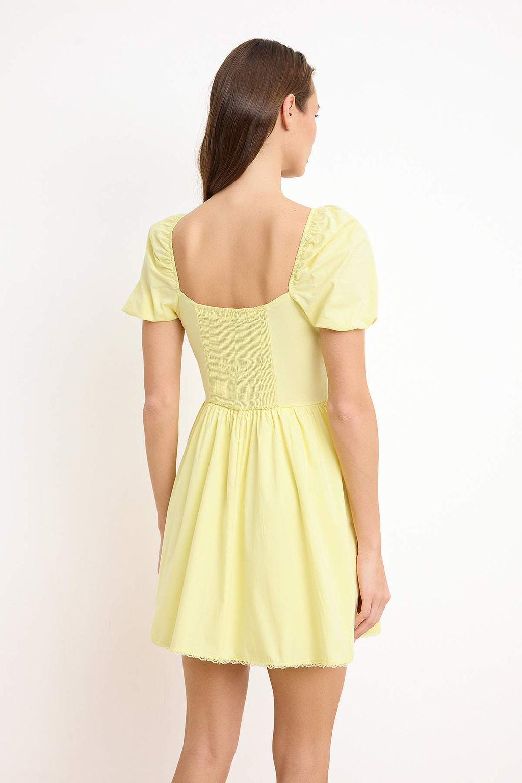 Ac?k Sar? Duz Dantel Detayl? K?sa / Mini Dokuma Elbise TWOSS26EL00131