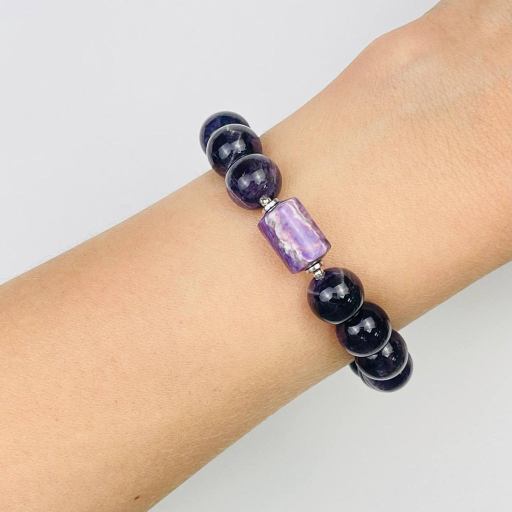 Браслет регулируемый мужской из Аметиста и Чароита "Сахасрара" от 19 см
