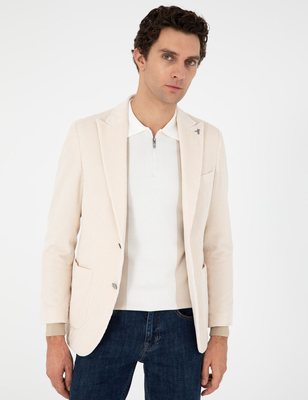 Ekru Slim Fit K_rlang__ Yaka Kadife Ceket