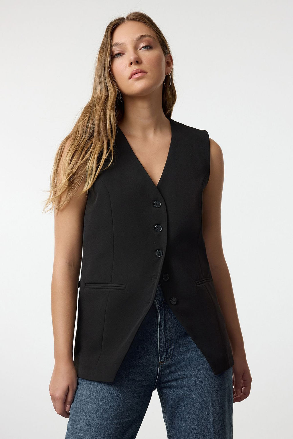 Siyah Regular V Yaka Dokuma Yelek TWOAW25YE00056 - Trendyolmilla фото 2