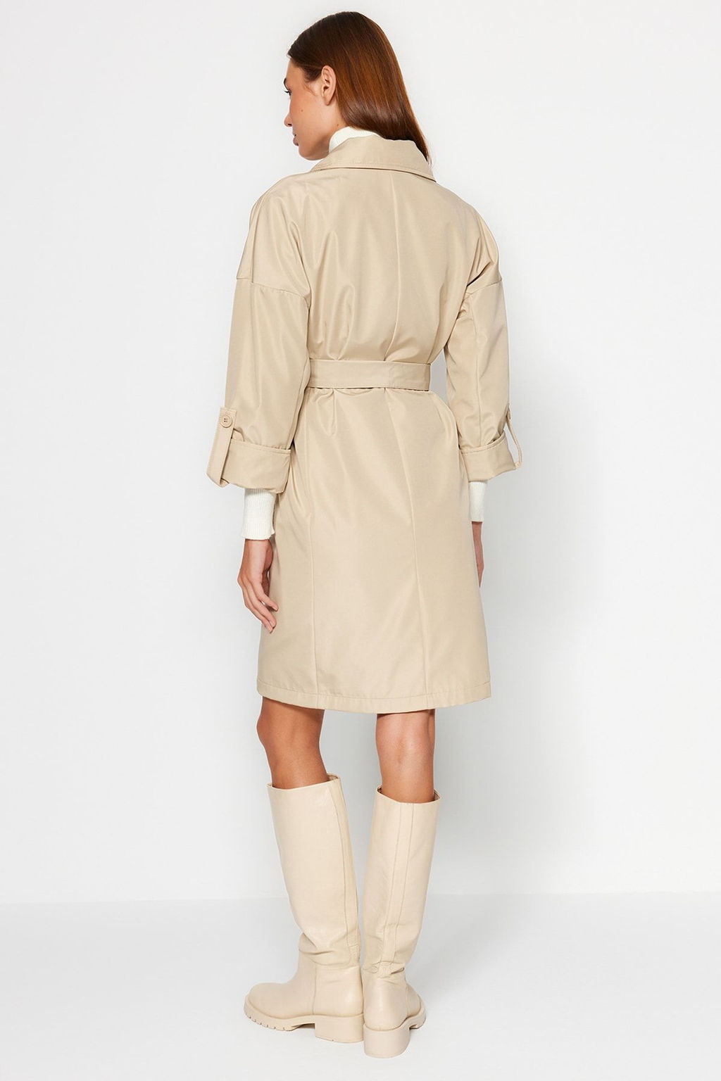 Trendyolmilla Bej Oversize Kusakl? Su Itici Uzun Trenckot TWOAW24TR00019  фото 13