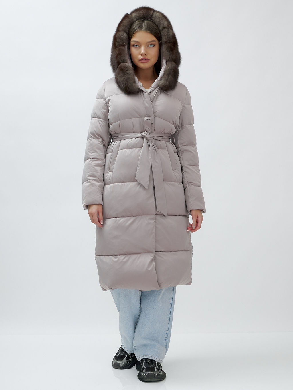 с мехом песец люкс класса Пальто зимние Бренд Visdeer, бежевого цвета  фото 6