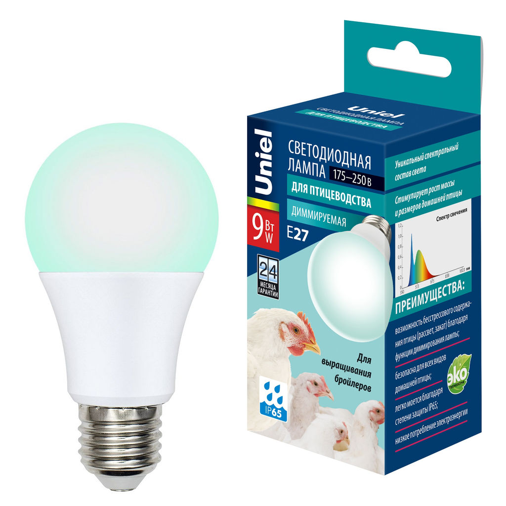 LED-A60-9W/SCBG/E27/FR/DIM IP65 PLO65WH Лампа светодиодная диммируемая для бройлеров. Спектр синий и зеленый. TM Uniel.