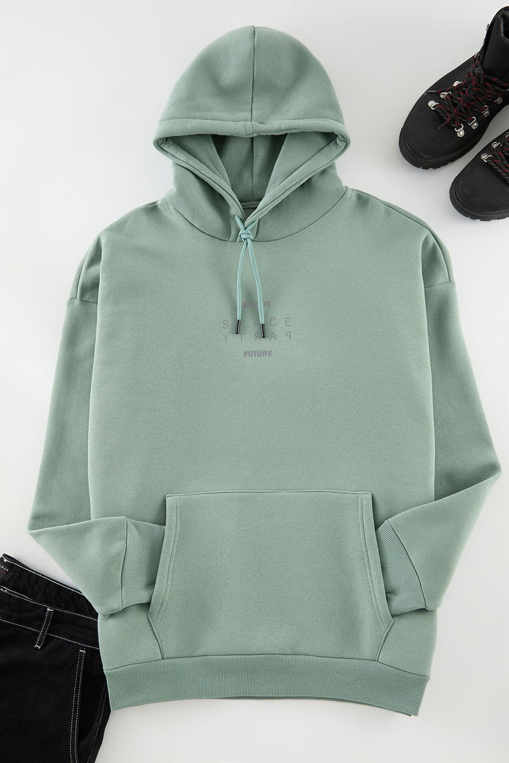 TRENDYOL MAN Indigo Buyuk Beden Kapusonlu Oversize Reflektor Bask?l? S?cak Tutan Sweatshirt TMNAW24AO00029 - Trendyolmilla фото 6