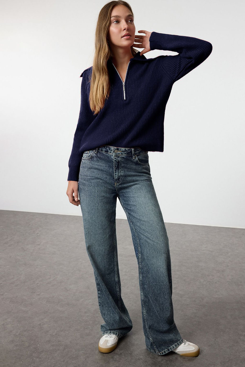 Ekru Yunlu Genis Kal?p Polo Yaka Fermuarl? Triko Kazak TWOAW25KZ00011 - Trendyolmilla фото 17