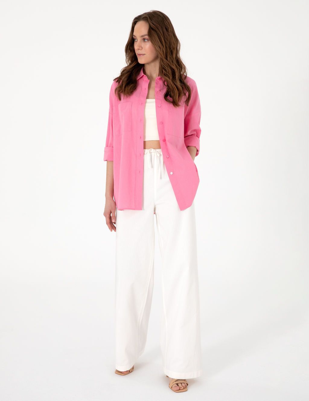 A__k Pembe Oversize Keten Kar___ml_ Uzun Kollu G_mlek