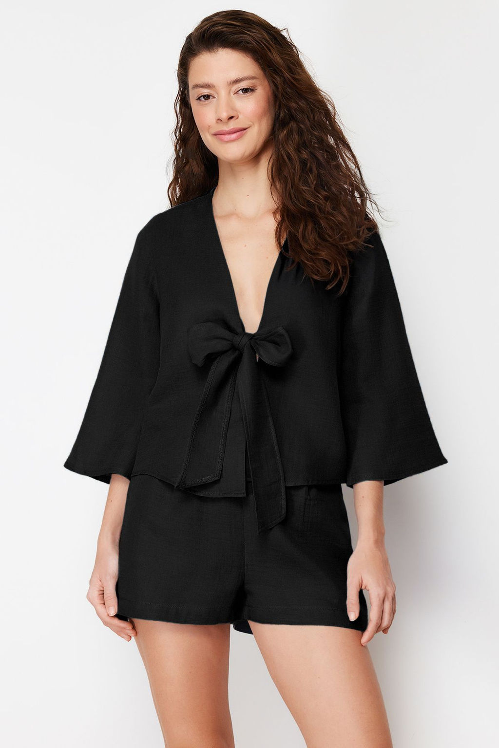 Trendyolmilla Mavi %100 Pamuklu Baglama/Kurdele/Fiyonk Detayl? Muslin Sortlu Dokuma Pijama Tak?m? THMSS24PT00077 фото 16