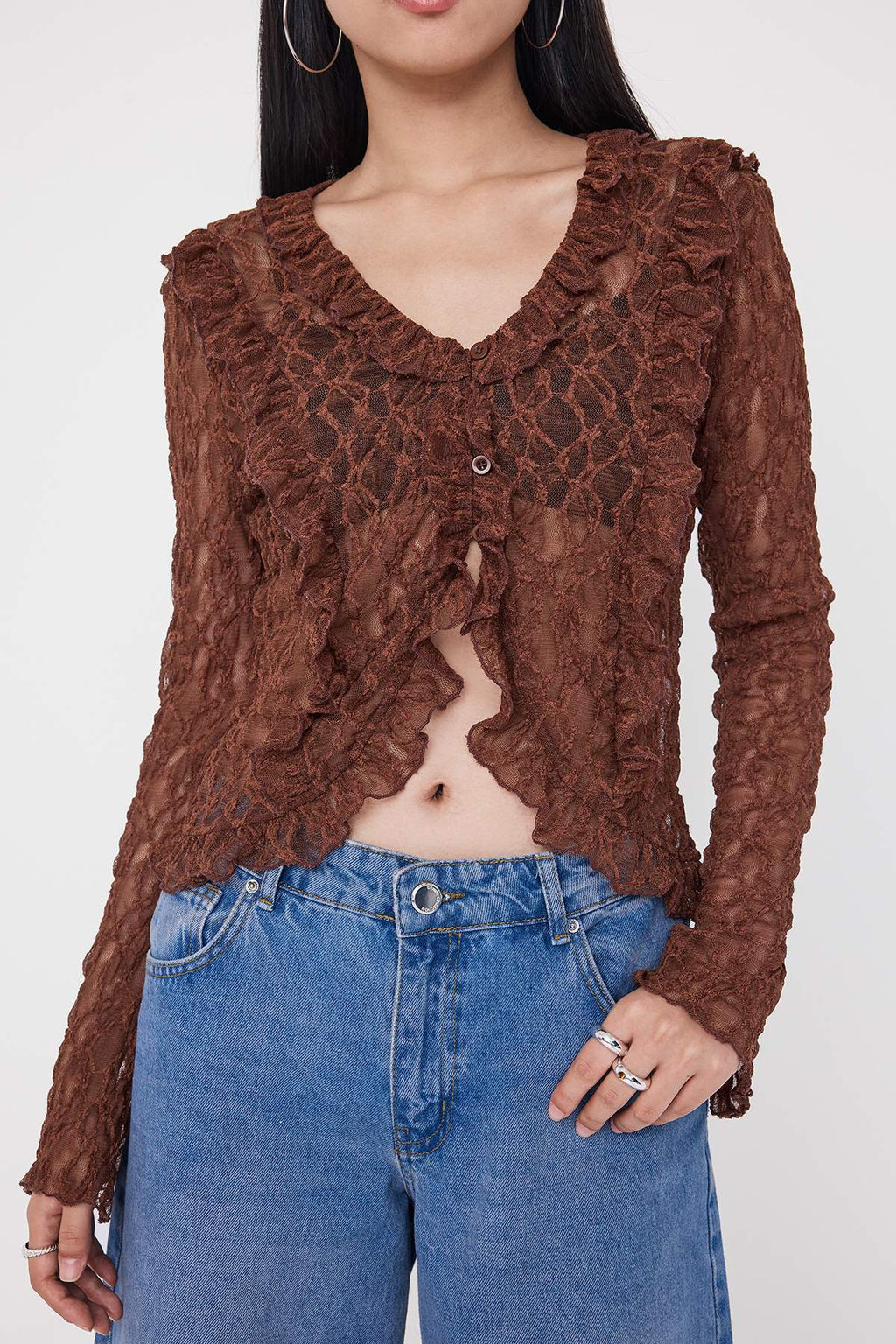 Kahverengi Dantel Fitted/Vucuda Oturan F?rf?r Detayl? Flare Kol Esnek Orme Bluz TWOAW26BZ00161 - Trendyolmilla фото 3