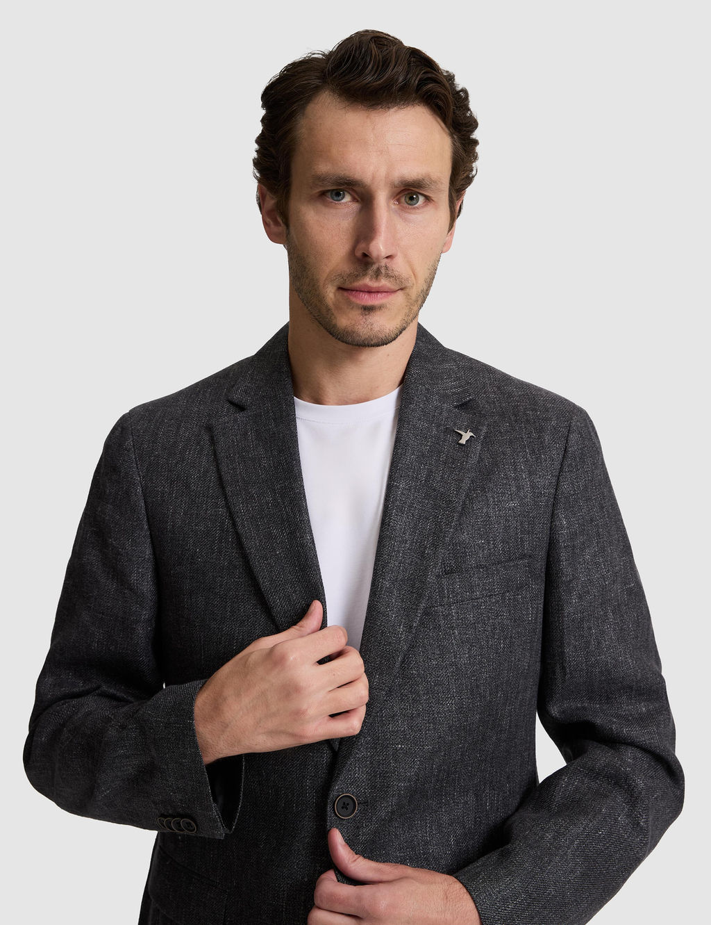 Siyah Slim Fit Keten Kar___ml_ Mikro Desen Mono Yaka Ceket