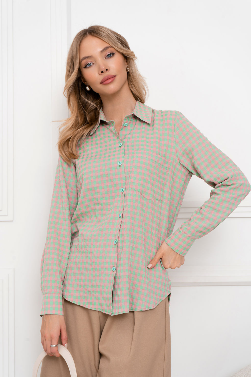 Рубашка Open Style 5707 зеленый/розовый