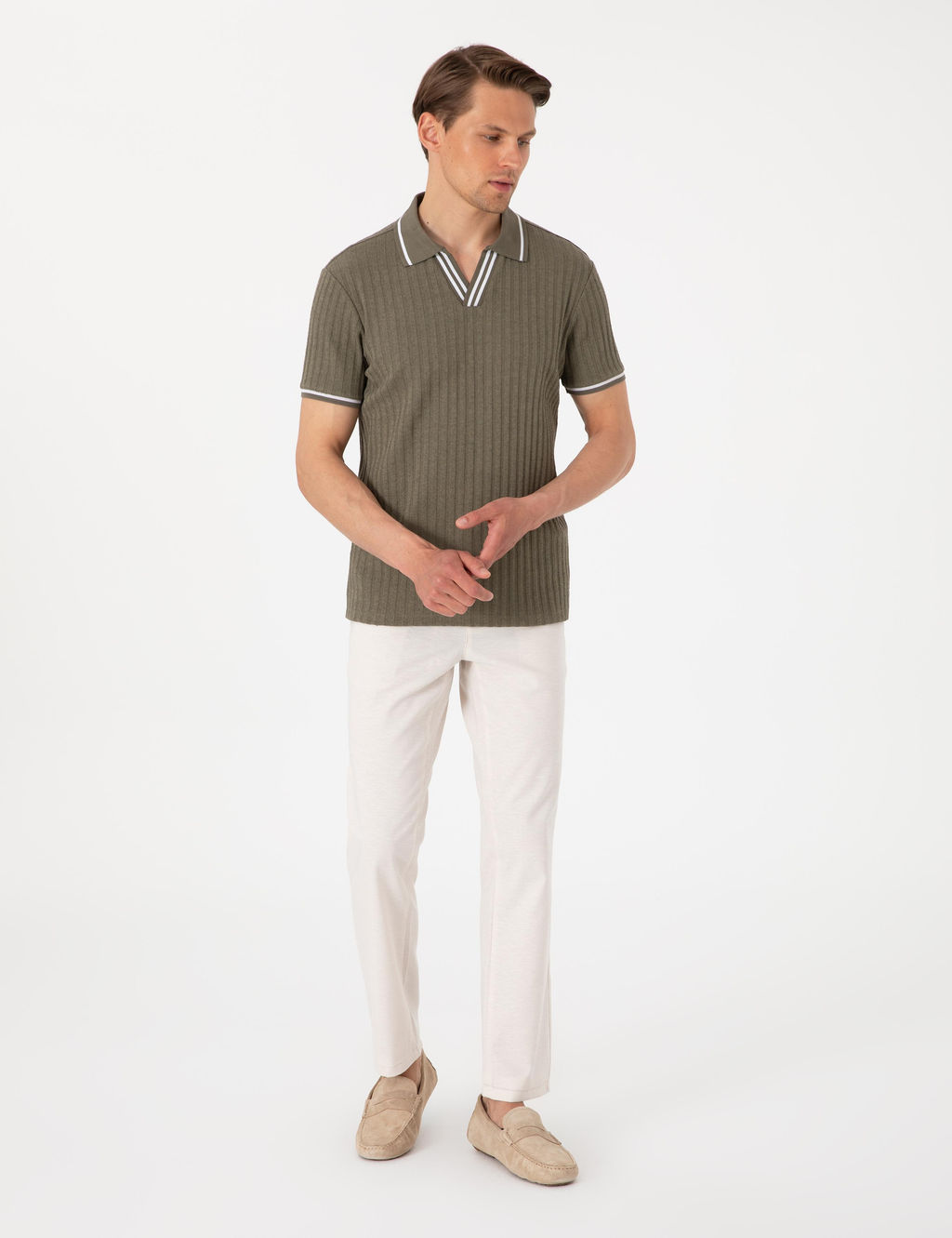 Haki Slim Fit _rme Dokulu Apa_ Yaka Ti__rt