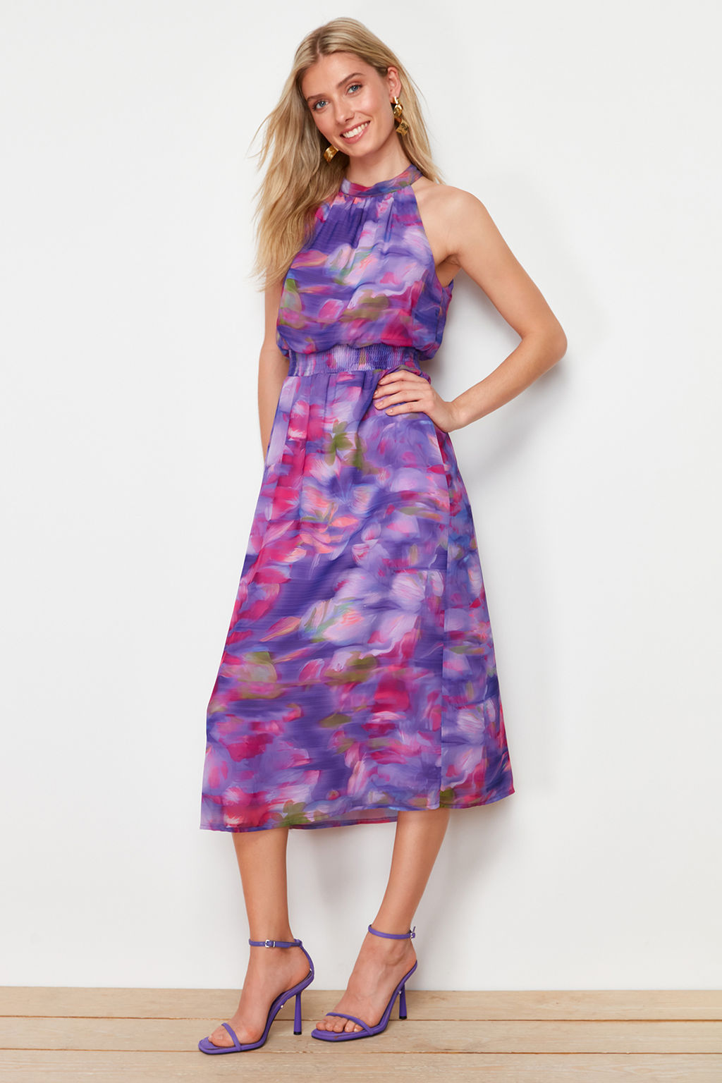 Mor Cicek Desenli A Kesim Sifon Astarl? Maxi Dokuma Elbise TWOSS24EL00661 - Trendyolmilla фото 2