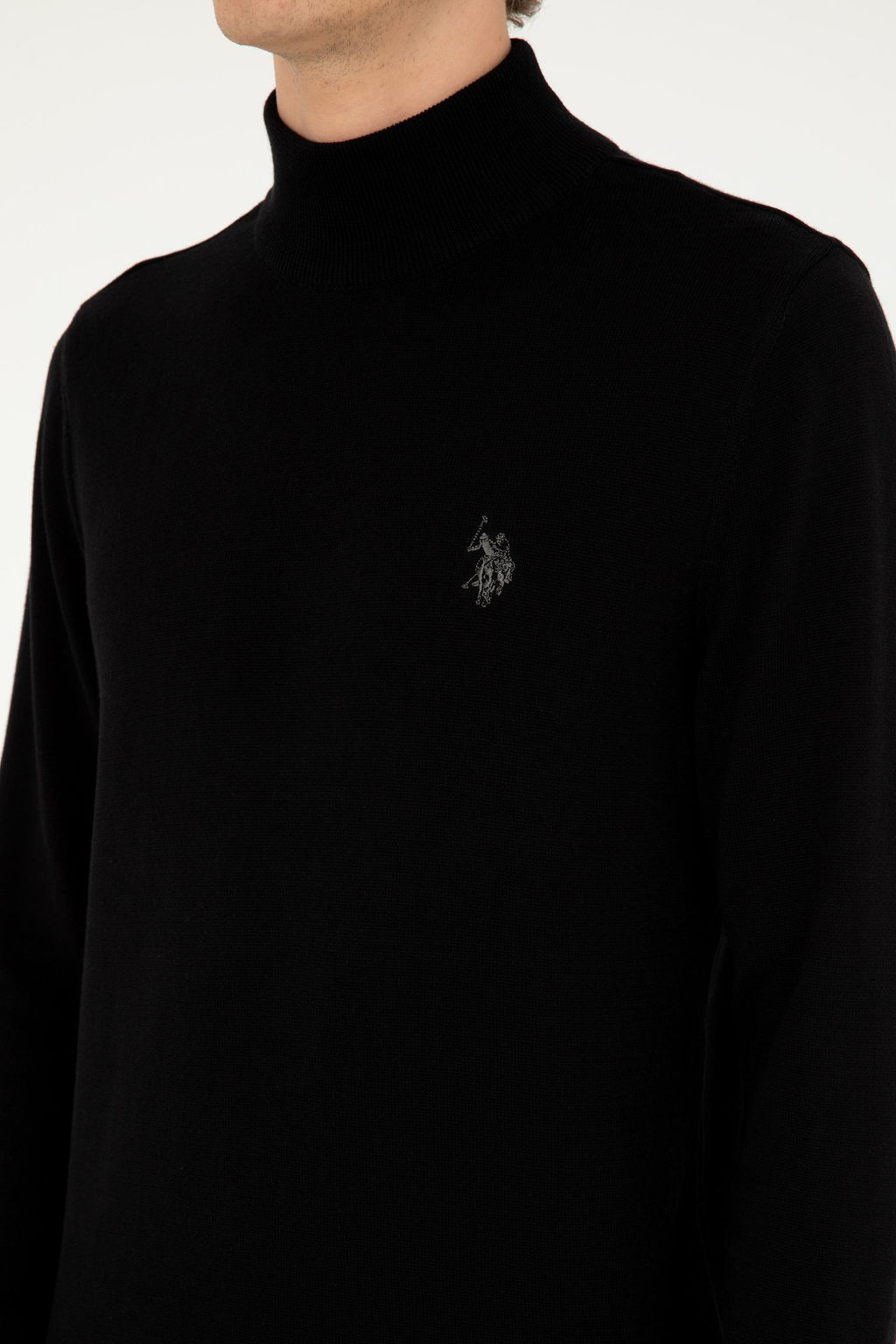 Erkek Slim Fit Yar_m Bo_azl_ Siyah Basic Kazak