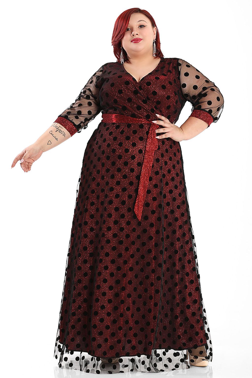 Платье с прозрачной сеткой в горох длинное