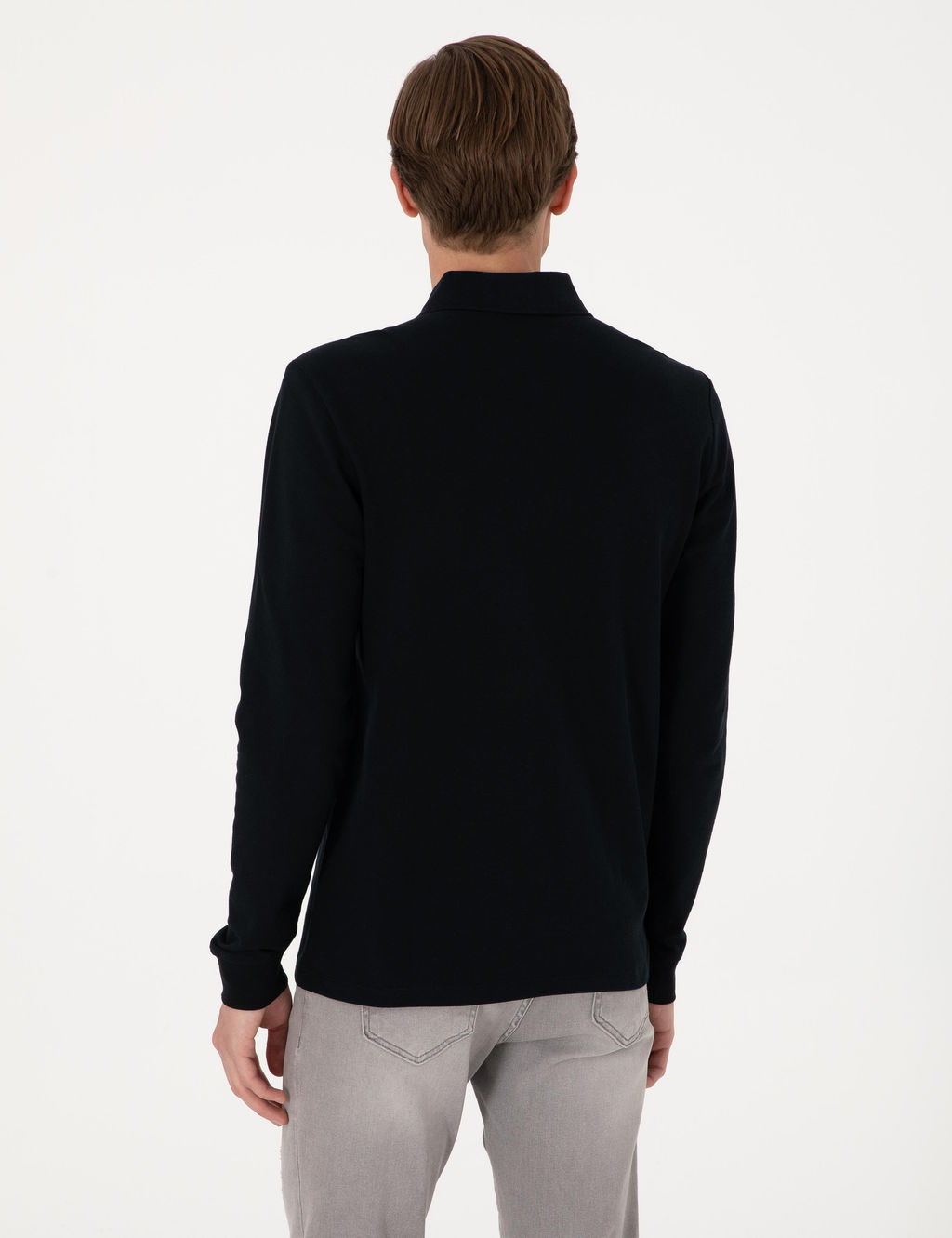 Siyah Slim Fit K_vr_lmaz Polo Yaka Basic Pike Sweatshirt