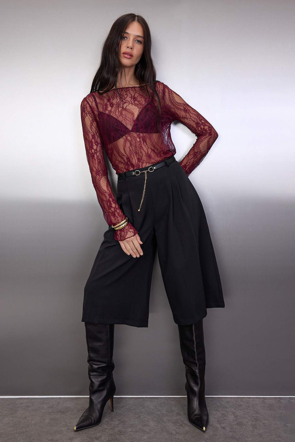 Koyu Bordo Regular Fit Kay?k Yaka Dantel Esnek Orme Bluz TWOSS23BZ00795