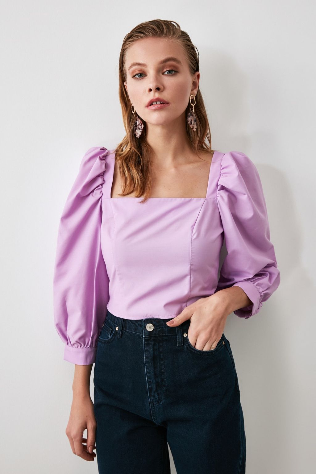 Trendyolmilla Vizon Balon Kol Kare Yaka Dokuma Bluz TWOAW21BZ0210 фото 11