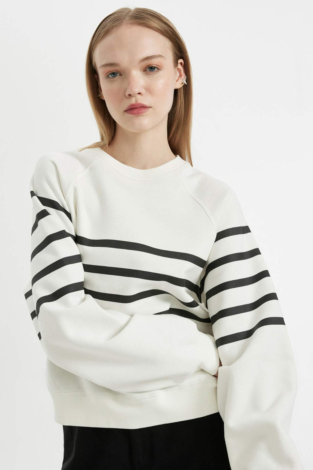 Coool Oversize Genis Kal?p Bisiklet Yaka Cizgili Kal?n Sweatshirt - Defacto фото 2