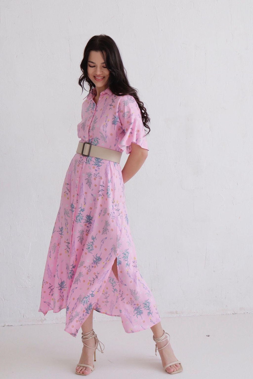 Платье-рубашка удлинённое розовое с принтом - Martichelli фото 3