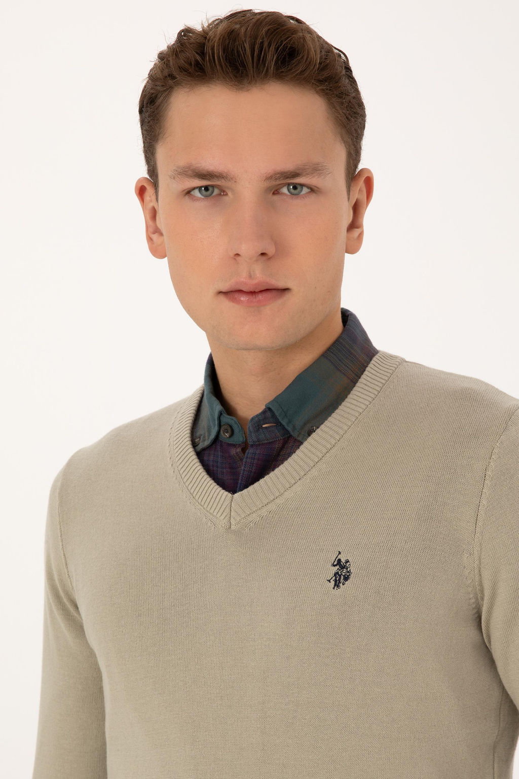 Erkek Slim Fit V Yaka Haki Melanj Basic Triko Kazak - U.s. polo assn фото 2