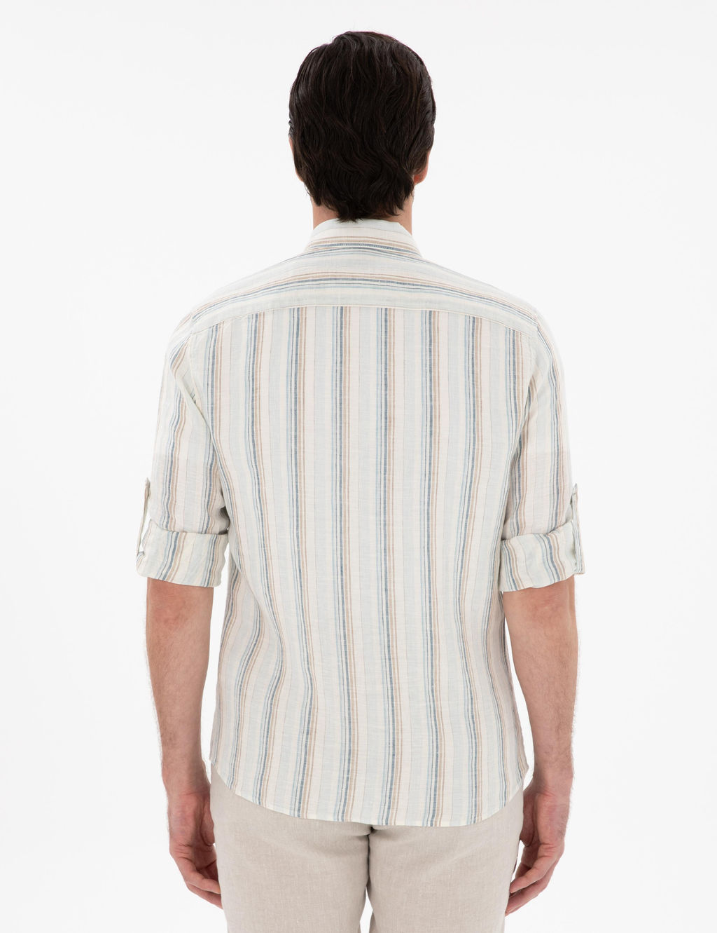 A__k Mavi Slim Fit _izgili Yakas_ D__meli %100 Keten G_mlek