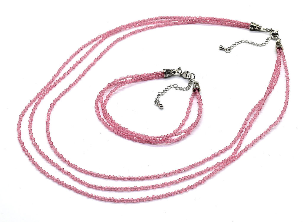 Колье с браслетом из шпинели цв.розовый, 3 нити, шарик гр.2мм, 47см, 19см, 15г