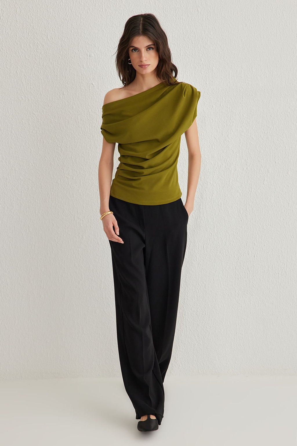 Yag Yesili Buzgu/Drape Detayl? Dokumlu Asimetrik Yaka Orme Bluz TWOSS25BZ00024
